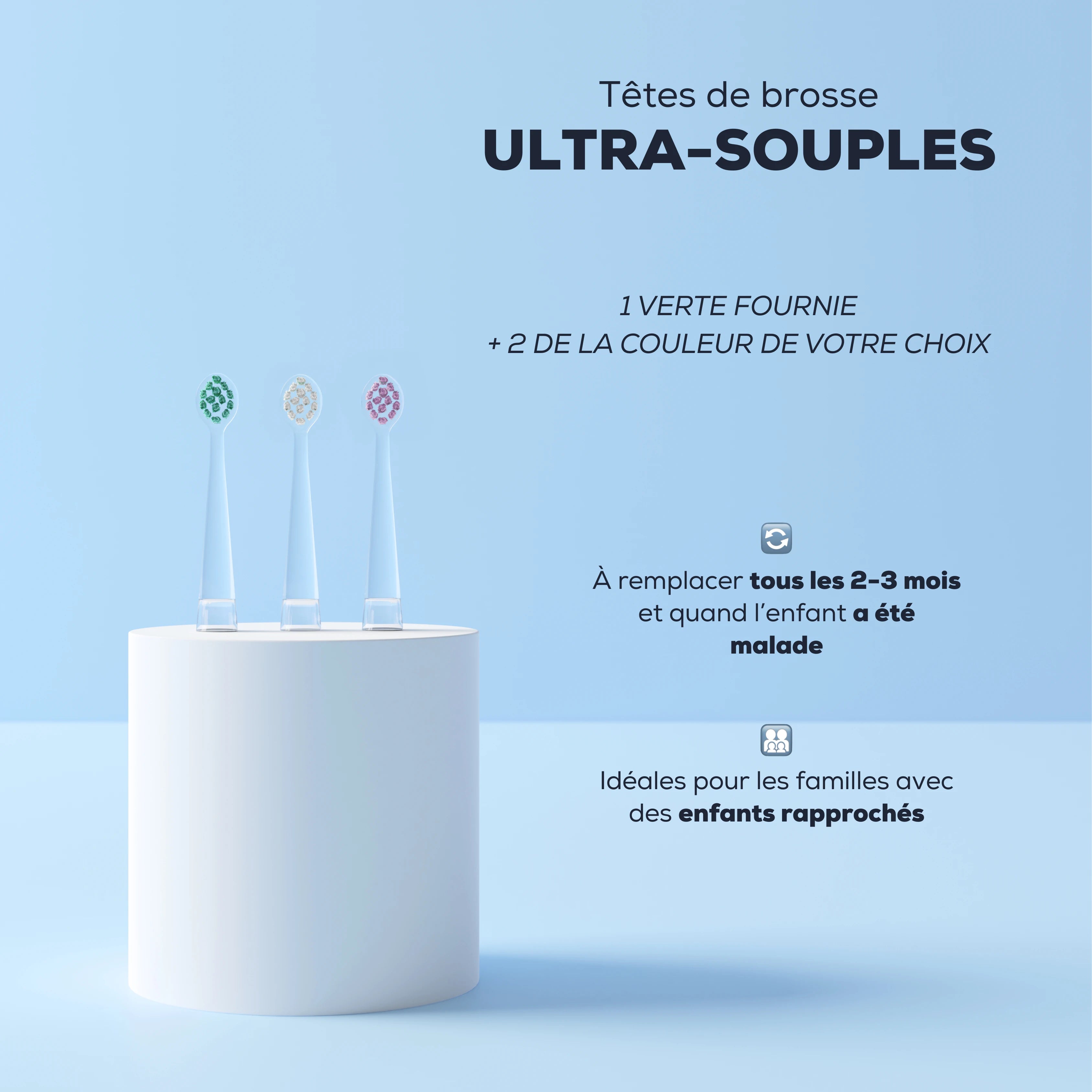 La brosse à dents électrique pour bébé NEOBABY dispose de 3 couleurs de têtes de brosse.