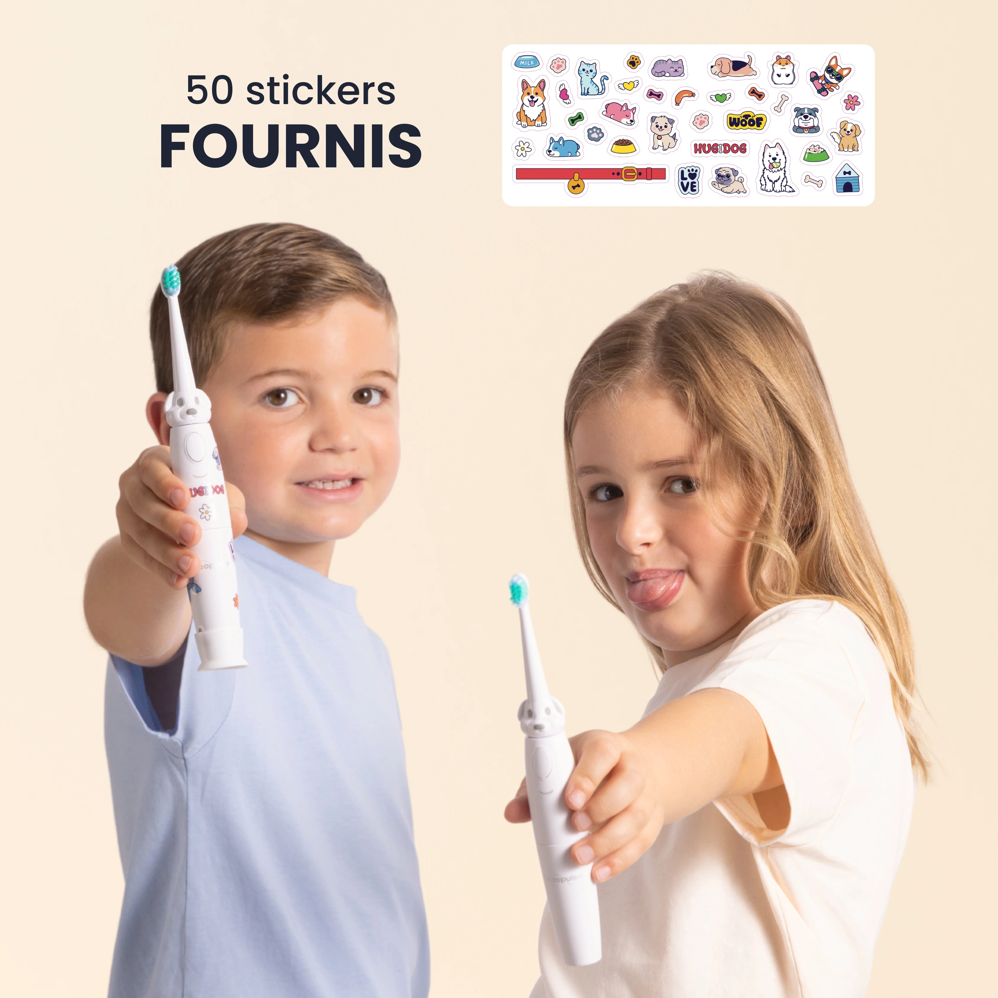 La brosse à dents électrique pour enfants NEOKIDS de la marque NEOPULSE est fournie avec plus de 50 autocollants