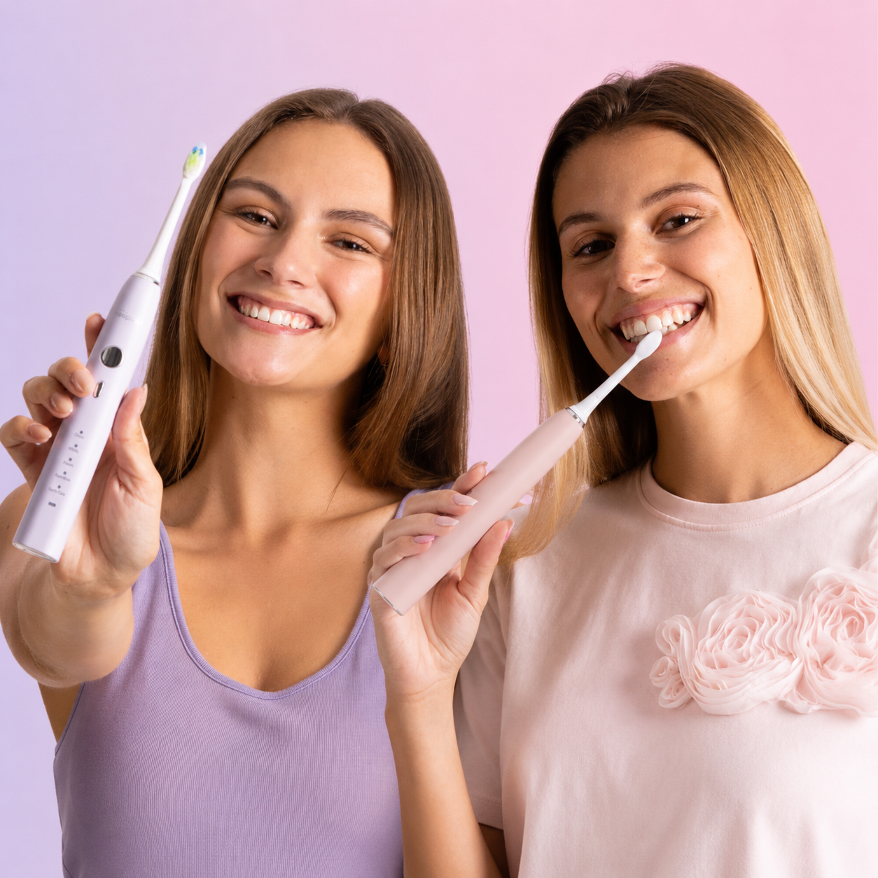 Deux femmes souriantes utilisant des brosses à dents électriques soniques NEOSONIC rose et lilas