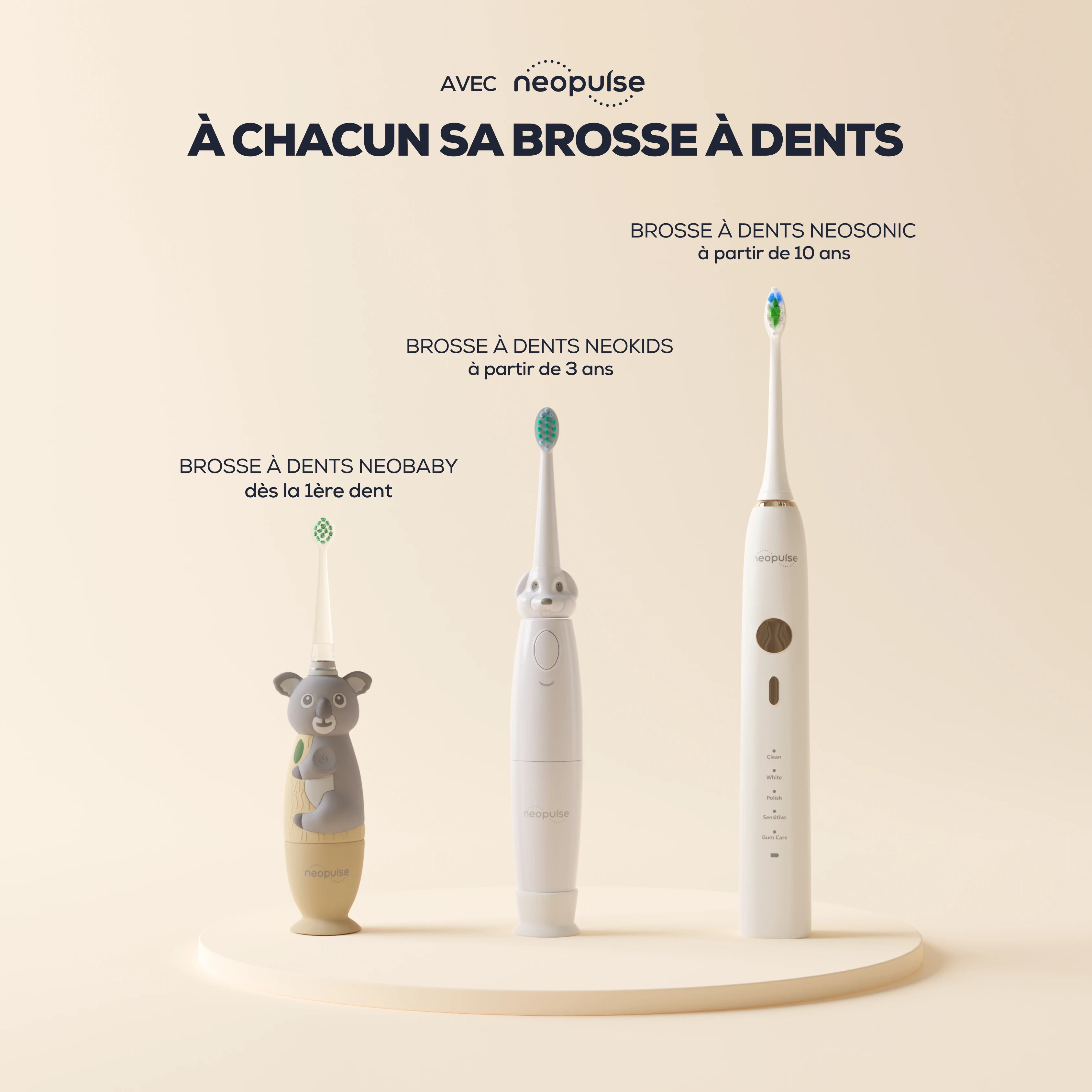 La brosse à dents électrique pour enfants NEOKIDS de la marque NEOPULSE complète une gamme de brosses à dents adaptées à tous les âges