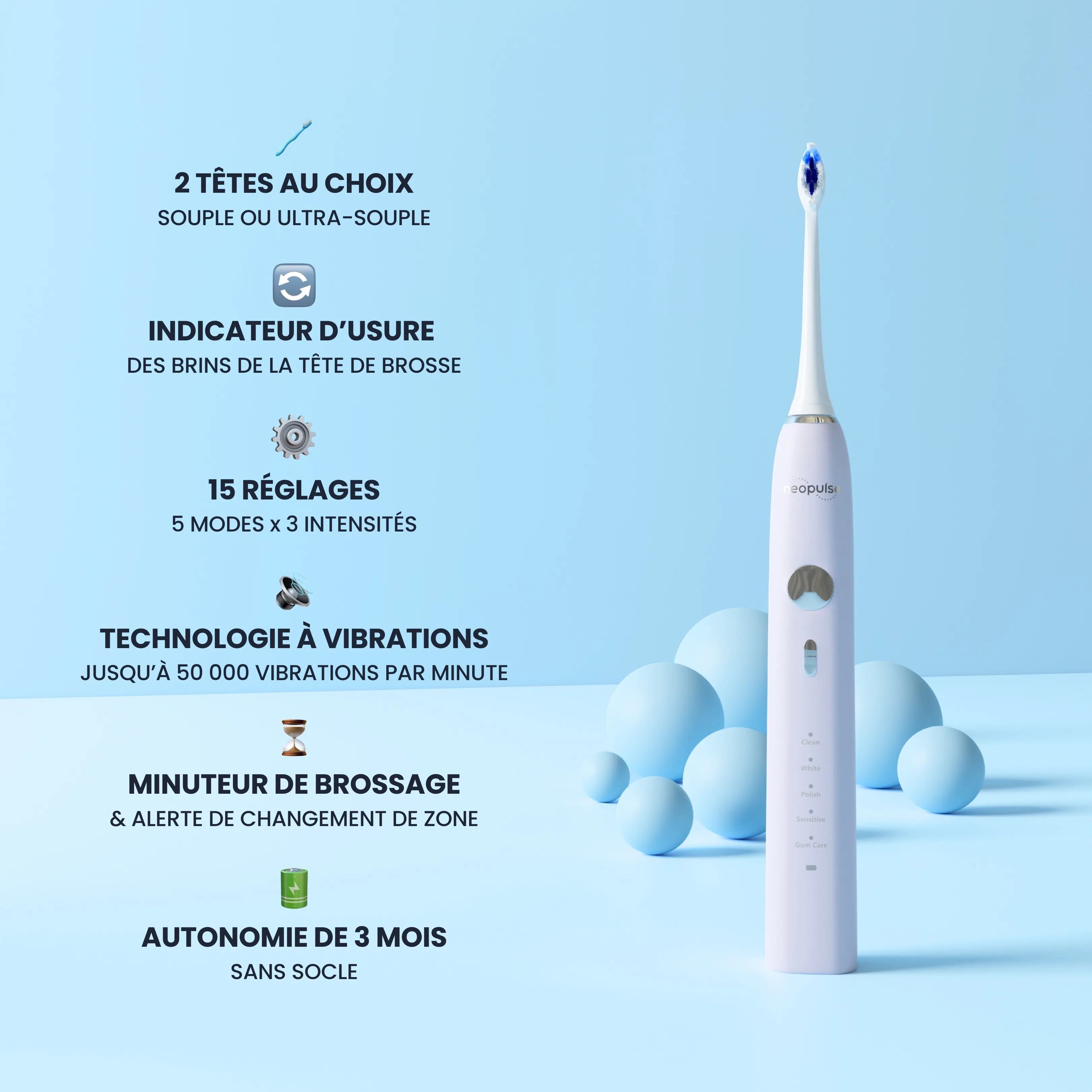 Fonctionnalités des brosses à dents électriques NEOSONIC de la marque NEOPULSE.