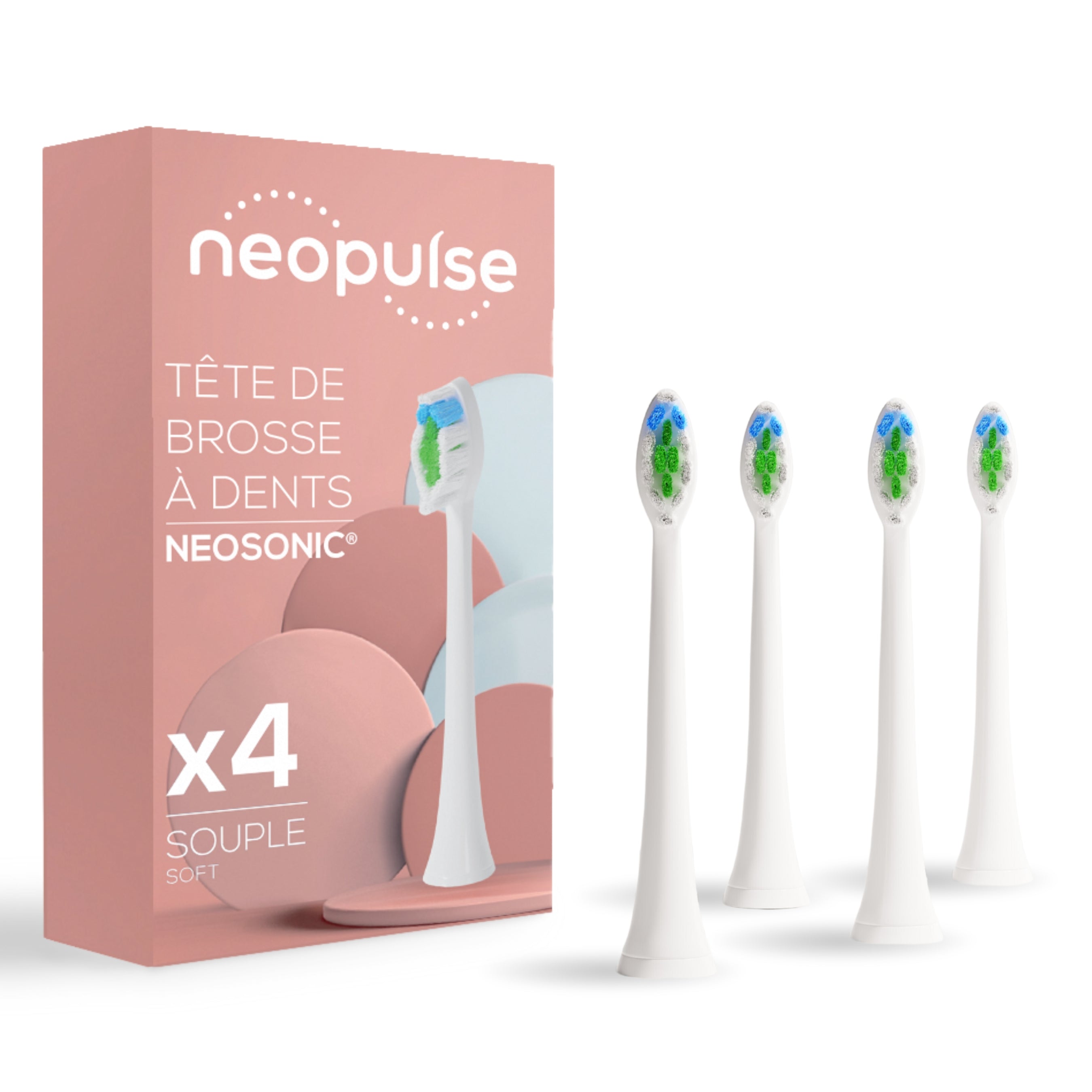 Pack de 4 têtes de brosse souples NEOPULSE blanches compatibles avec les brosses à dents NEOSONIC