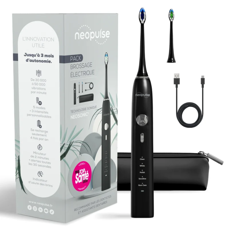 La brosse à dents électrique NEOSONIC noire est fournie avec deux têtes de brosse souple et ultra-souple, un câble USB-C et une trousse assortie.