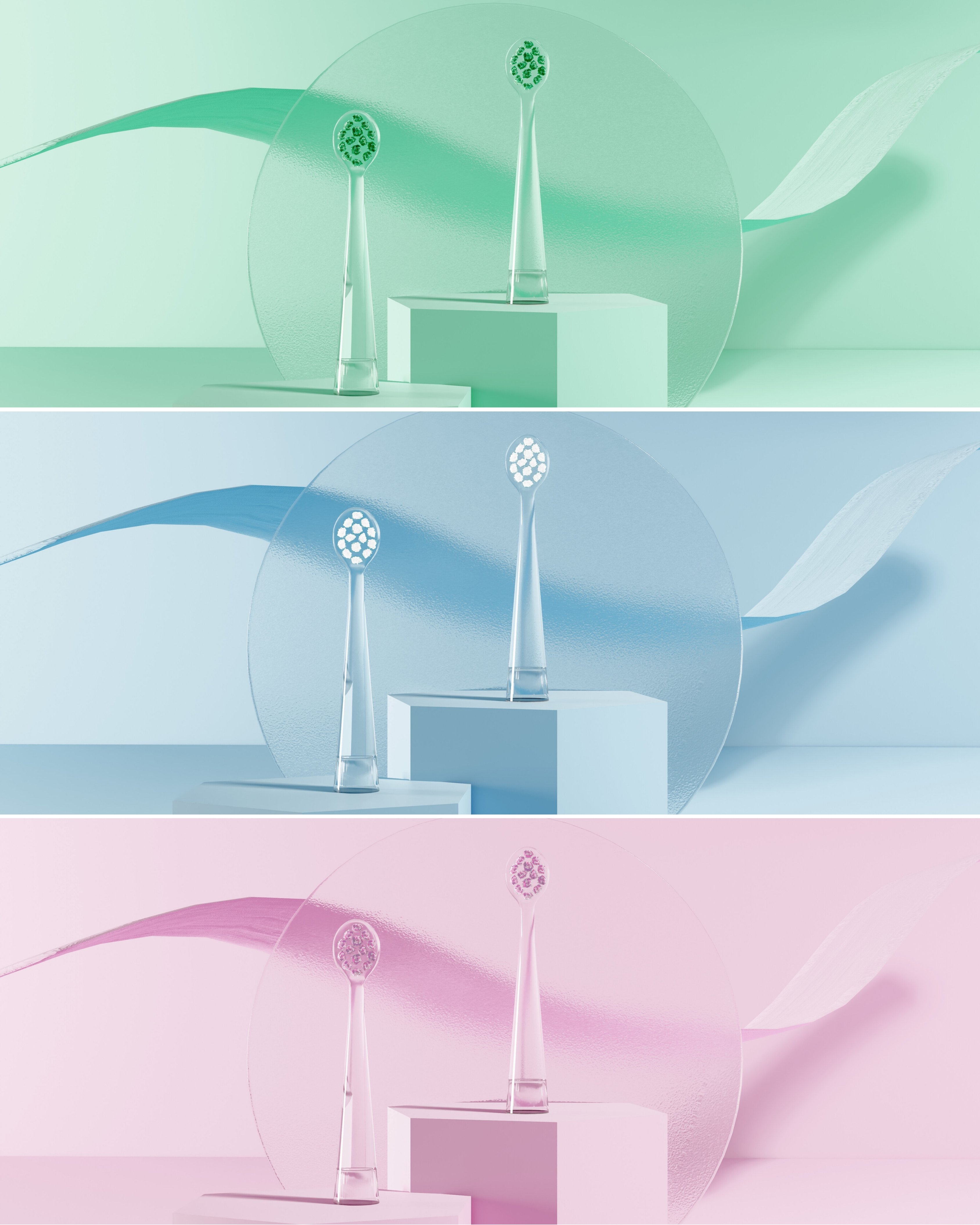 Les brins de la brosse à dents NEOBABY sont disponibles en trois couleurs : vert d'eau, rose poudré et blanc.